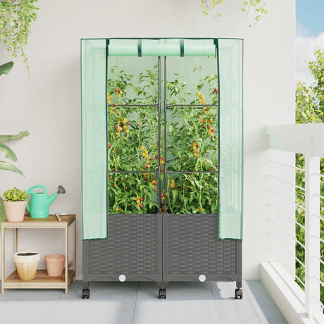 Vidaxl tuinplantenbak met kasbedekking en wielen 2 st lichtgrijs pp