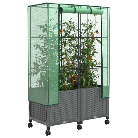Vidaxl tuinplantenbak met kasbedekking en wielen 2 st lichtgrijs pp