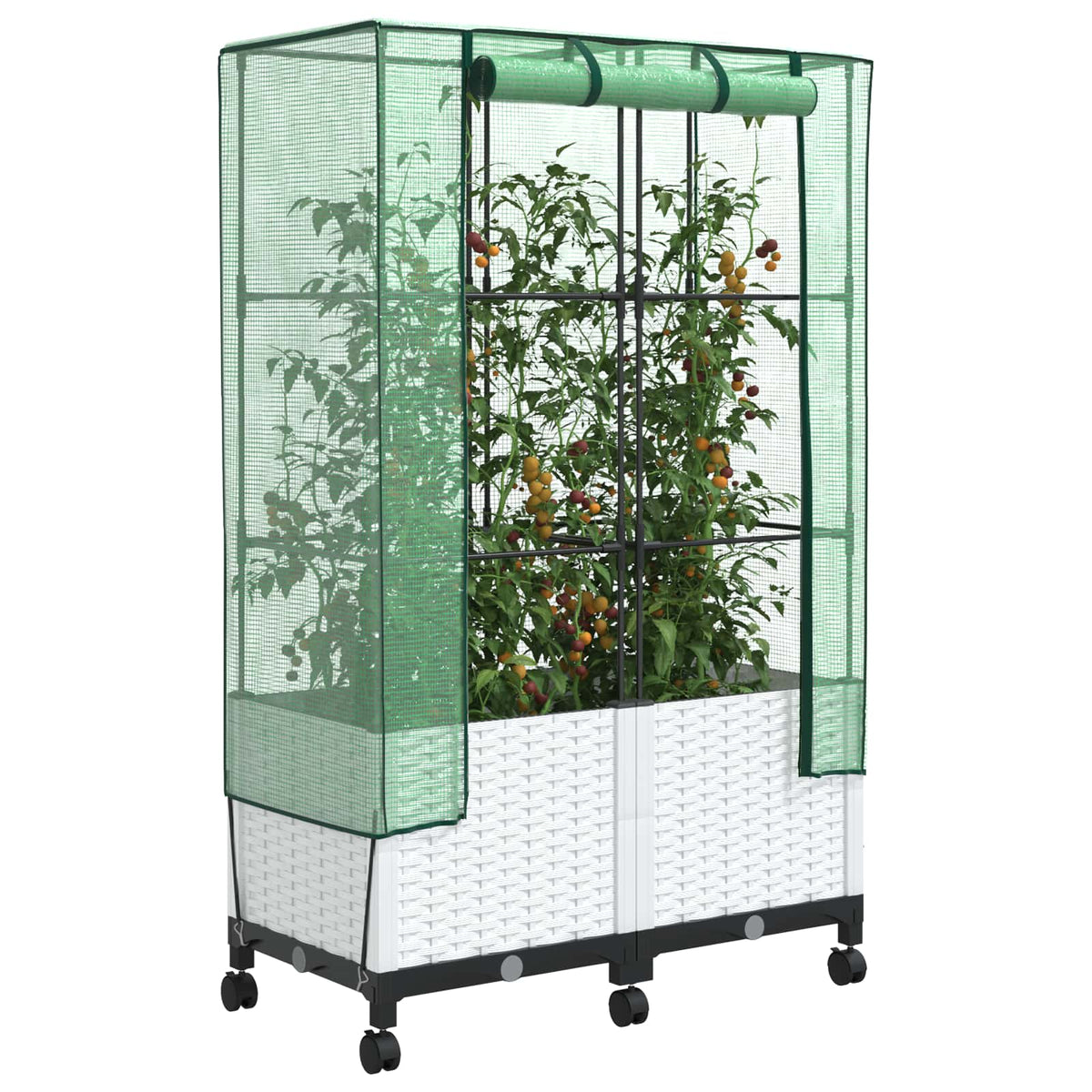 Vidaxl tuinplantenbak met kasbedekking en wielen 2 st wit pp