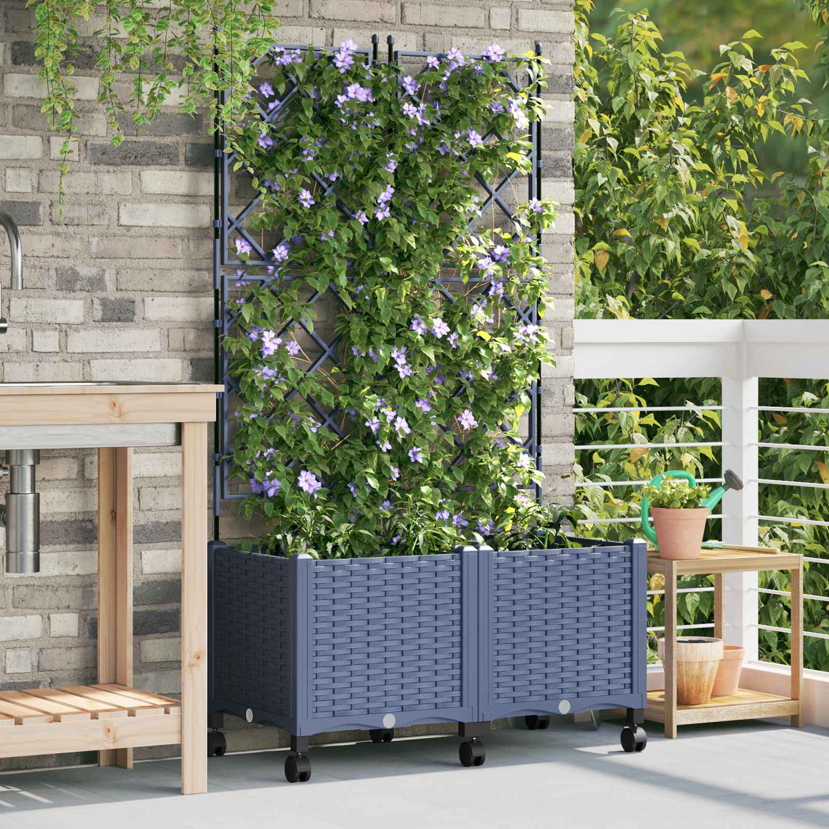 Vidaxl tuinplantbak met schutting en wielen 2 st grijs pp