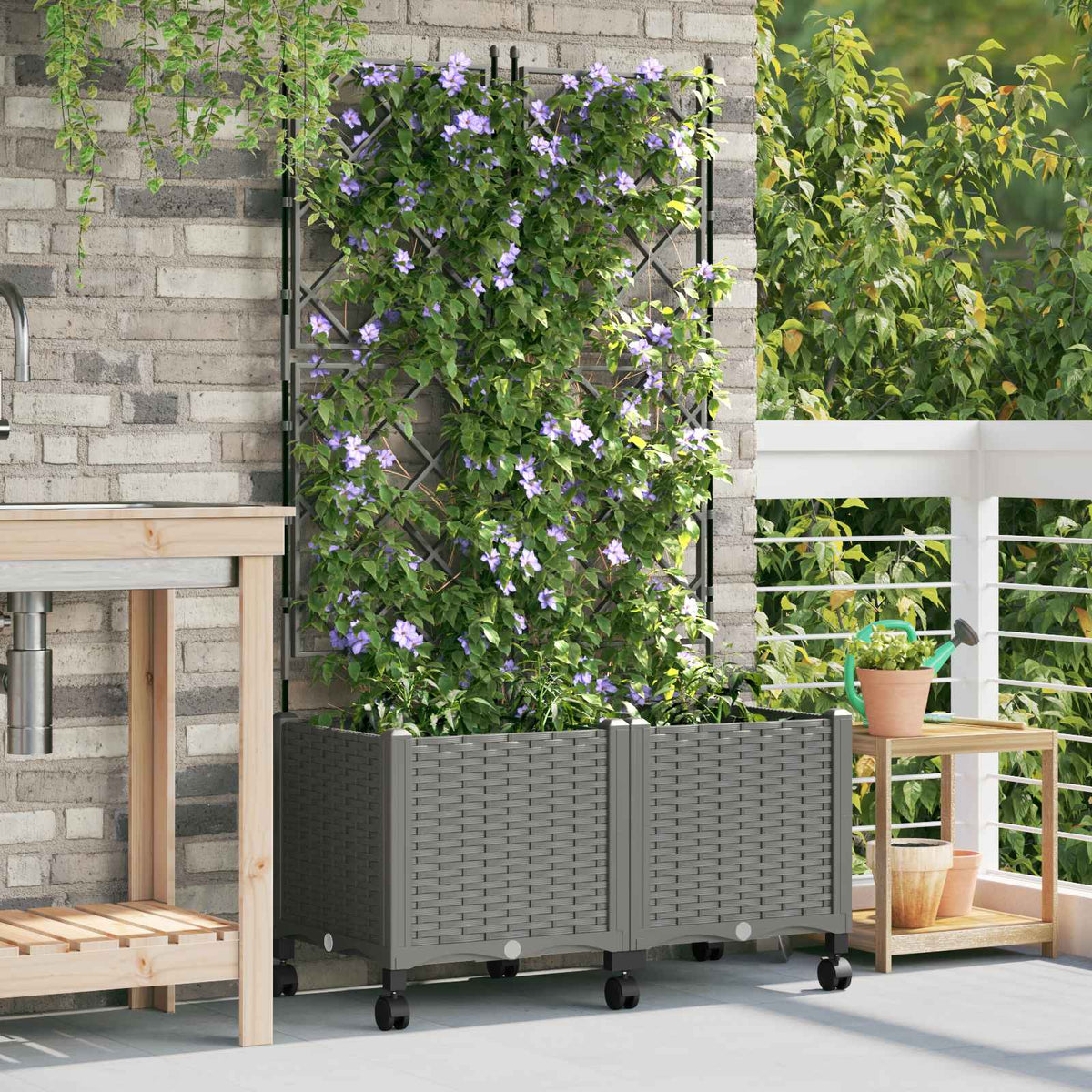 Vidaxl tuinplantbak met schutting en wielen 2 st lichtgrijs