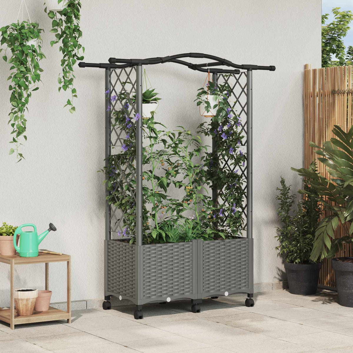 Vidaxl verhoogd bed met trellis en dak lichtgrijs 125 x 40 x 144 cm pp