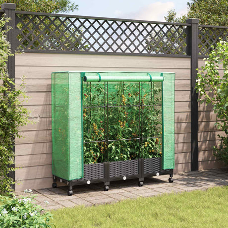 Vidaxl tuinplantenbak met kasbedekking en wielen 3 st zwart pp
