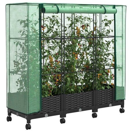 Vidaxl tuinplantenbak met kasbedekking en wielen 3 st zwart pp
