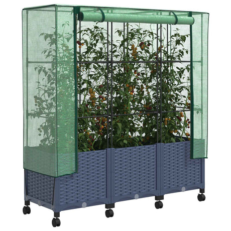 Vidaxl tuinplantenbak met kasbedekking en wielen 3 st blauw grijs pp