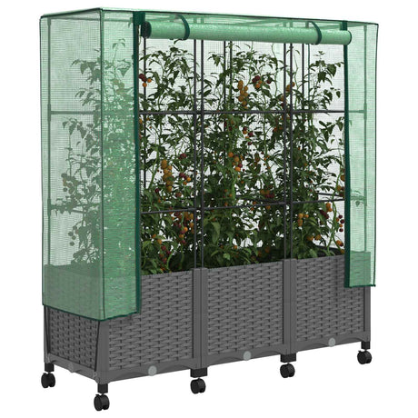 Vidaxl tuinplantenbak met kasbedekking en wielen 3 st lichtgrijs pp