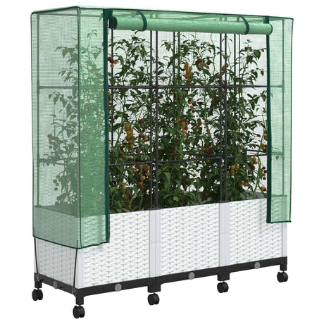 Vidaxl tuinplantenbak met kasbedekking en wielen 3 st wit pp