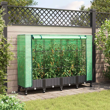 Vidaxl tuinplantenbak met kasbedekking en wielen 4 st zwart pp