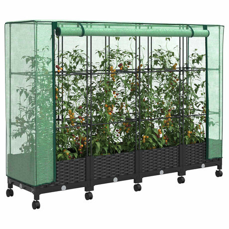 Vidaxl tuinplantenbak met kasbedekking en wielen 4 st zwart pp