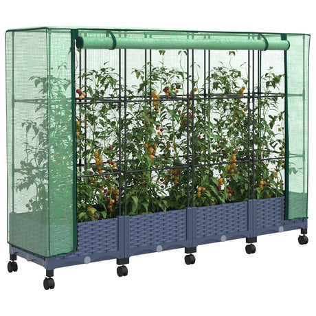 Vidaxl tuinplantenbak met kasbedekking en wielen 4 st blauw grijs pp