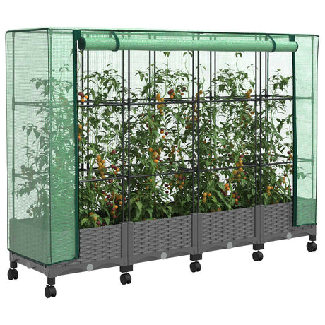 Vidaxl tuinplantenbak met kasbedekking en wielen 4 st lichtgrijs pp