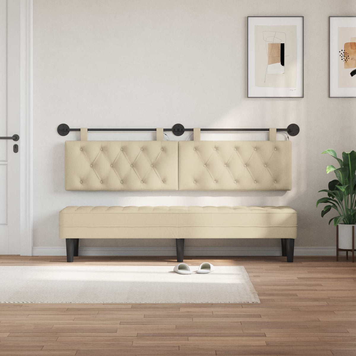 Vidaxl hangend hoofdbord met led-verlichting crèmekleurig stof