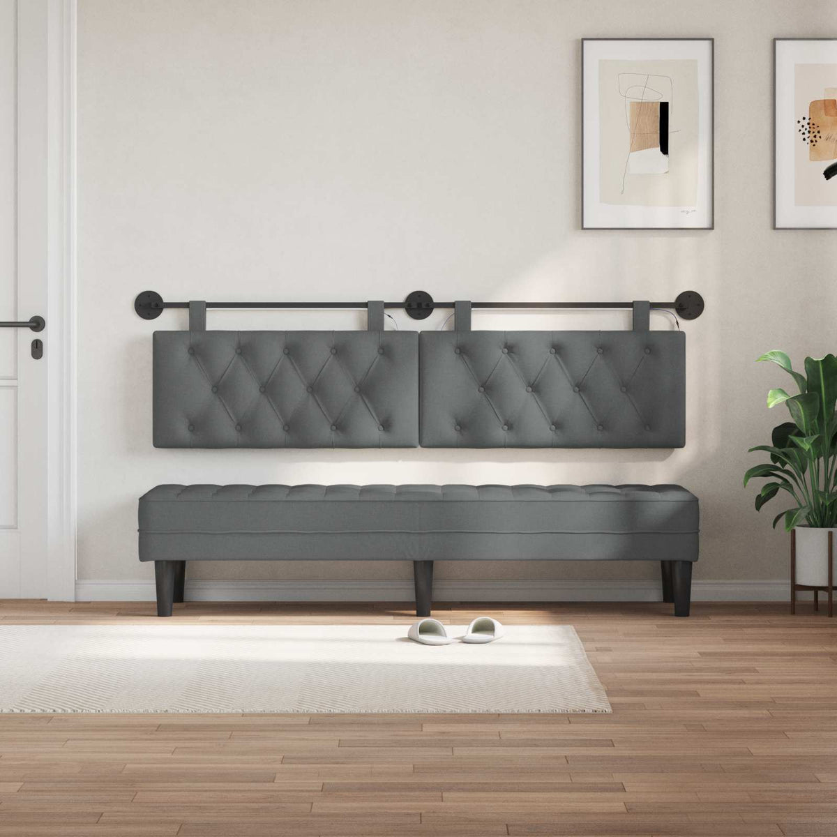 Vidaxl hangend hoofdbord met led-verlichting donkergrijs stof