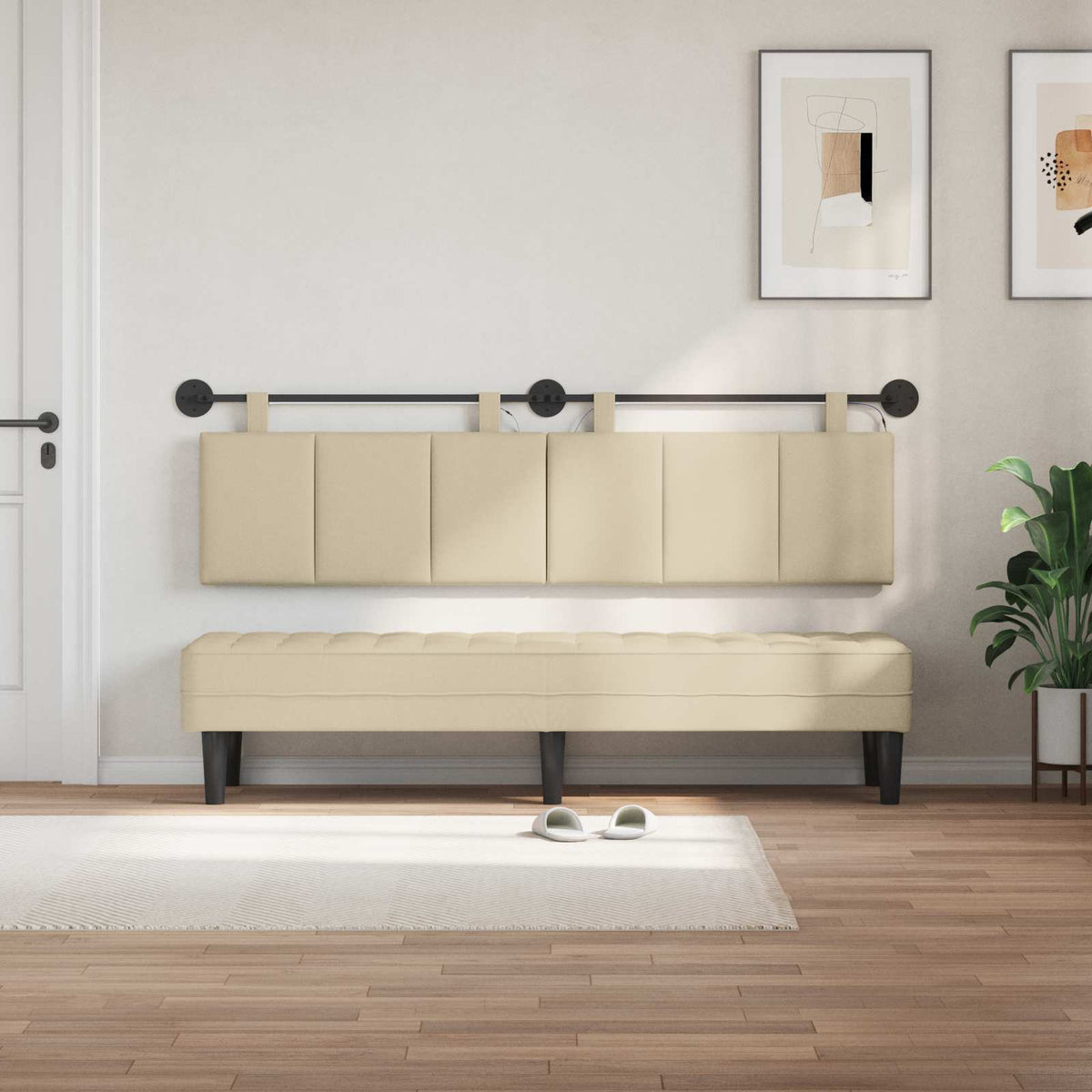 Vidaxl hangend hoofdbord met led-verlichting crèmekleurig stof