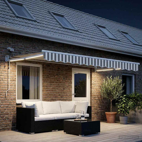 Vidaxl elektrisch uittrekbaar zonnescherm lichtgrijs en wit.