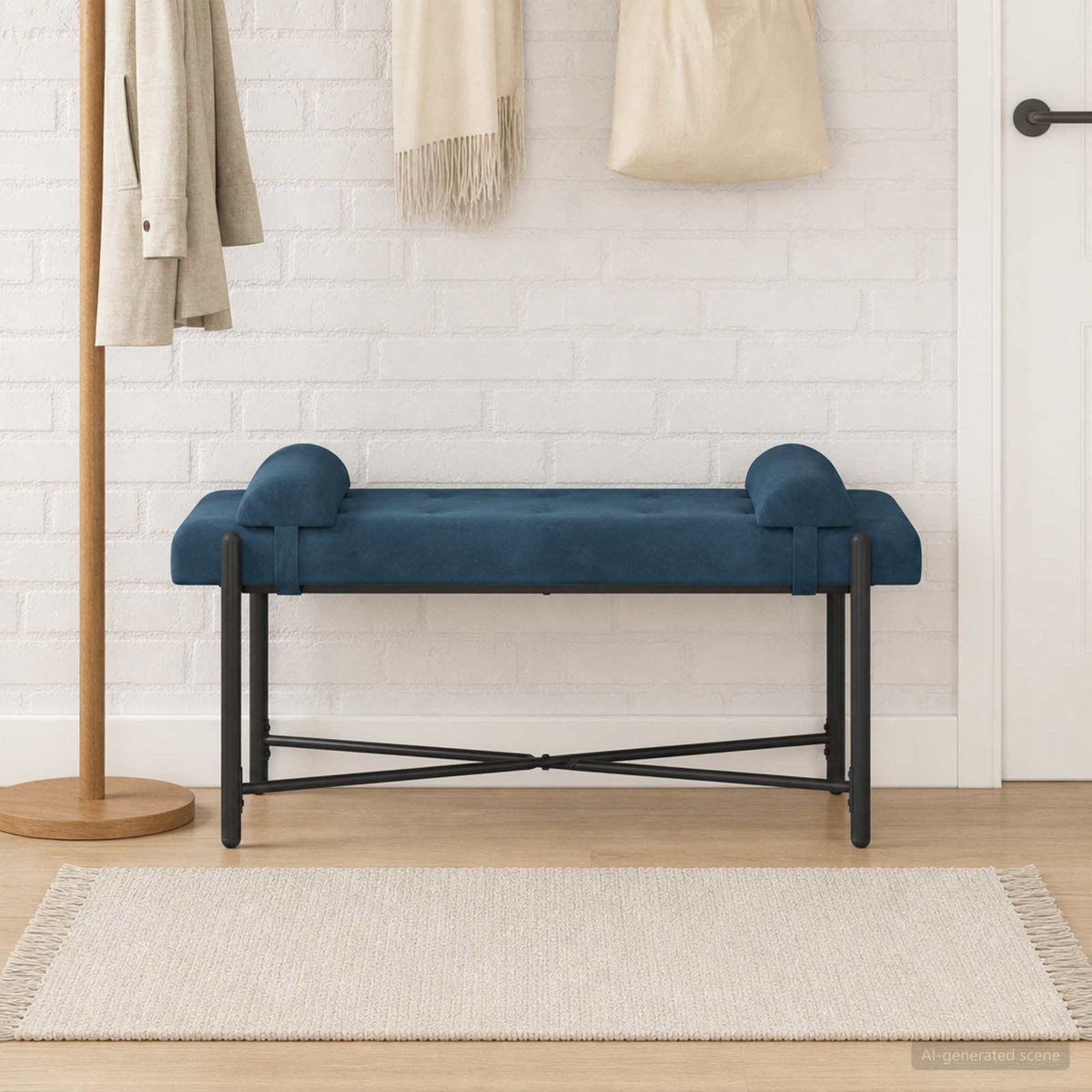 Vidaxl knop-gestept bankje met kussens blauw 110 x 40 x 46 cm fluweel