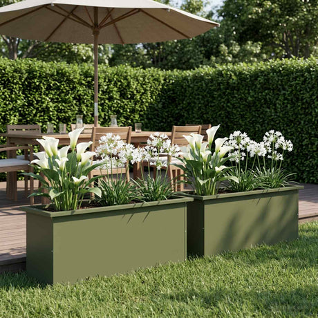 Vidaxl plantenbak met led 2 st olijfgroen 30 x 100 x 30 cm staal