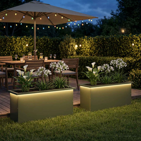 Vidaxl plantenbak met led 2 st olijfgroen 30 x 100 x 30 cm staal