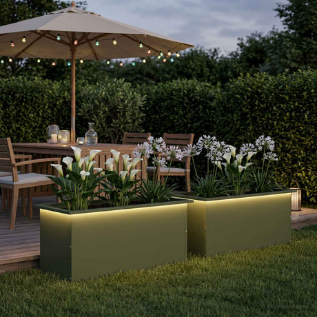 Vidaxl plantenbak met led 2 st olijfgroen 40 x 80 x 40 cm staal