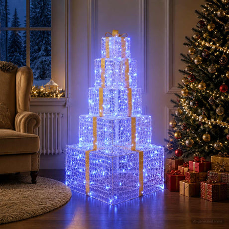 Vidaxl kerst led-cadeaudozen stapel 250 led's blauw 56 x 56 x 120 cm