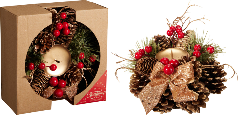 Kerstskrans 15cm met kaarsenhouder - goud