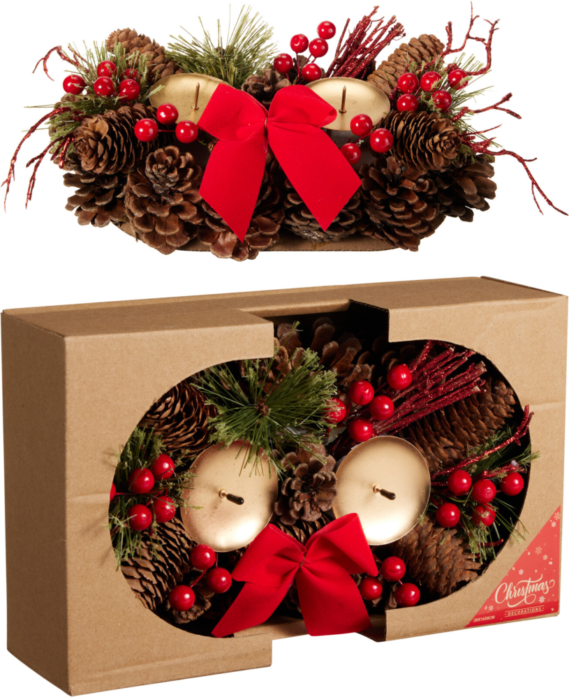 Kerstskrans 26cm met 2 kaarsenhouders - rood