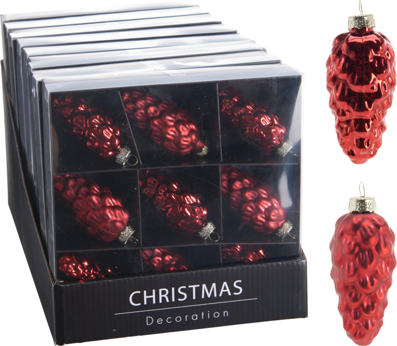 Kerstbal glas dennenappel 9cm 9 stuks - rood