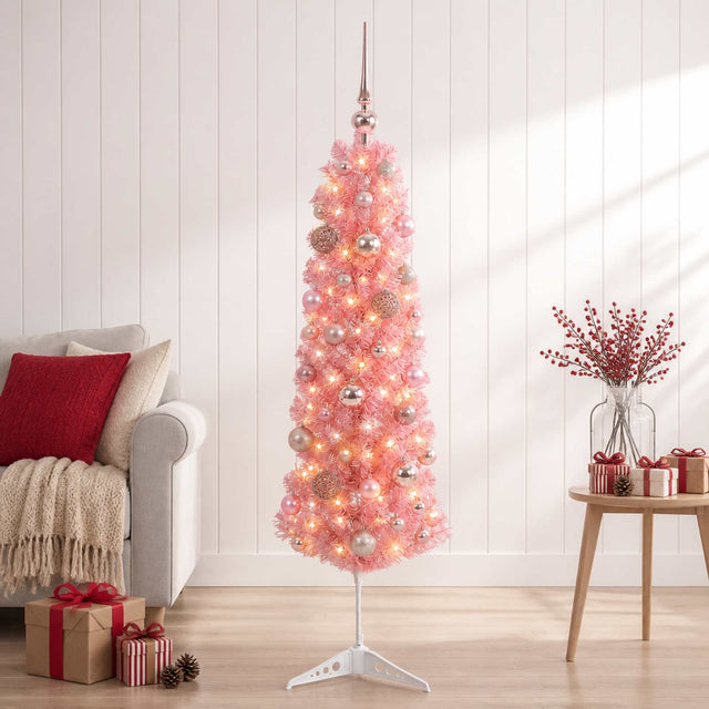 Vidaxl slanke kunstkerstboom met kerstballen 120 cm 150 led's warmwit