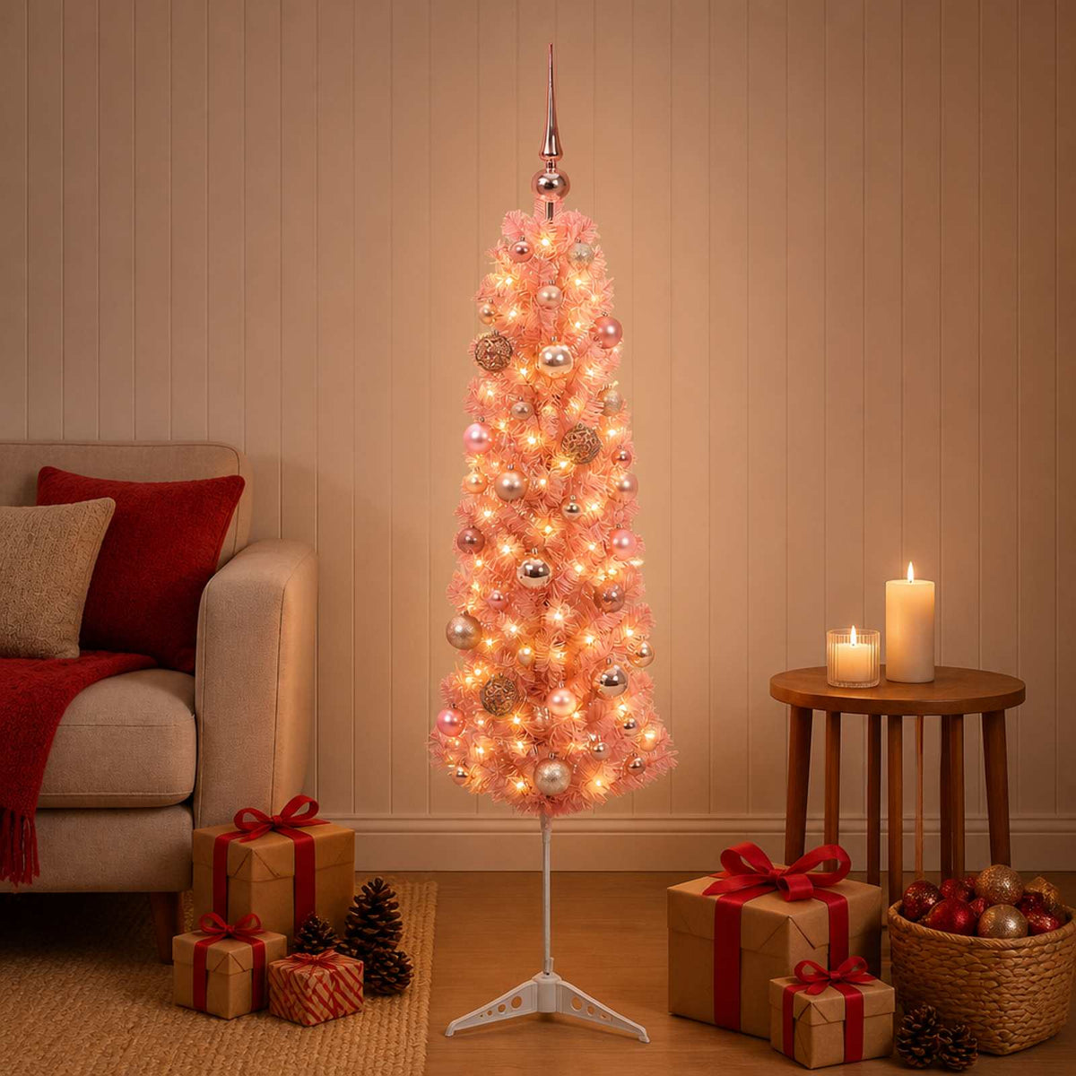 Vidaxl slanke kunstkerstboom met kerstballen 120 cm 150 led's warmwit