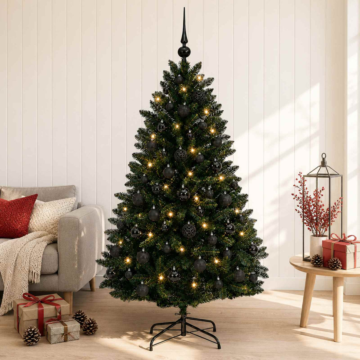 Vidaxl kunstkerstboom donkergroen met kerstballen 150 cm 150 led's