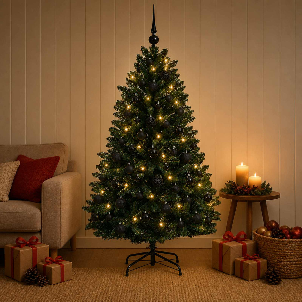 Vidaxl kunstkerstboom donkergroen met kerstballen 150 cm 150 led's