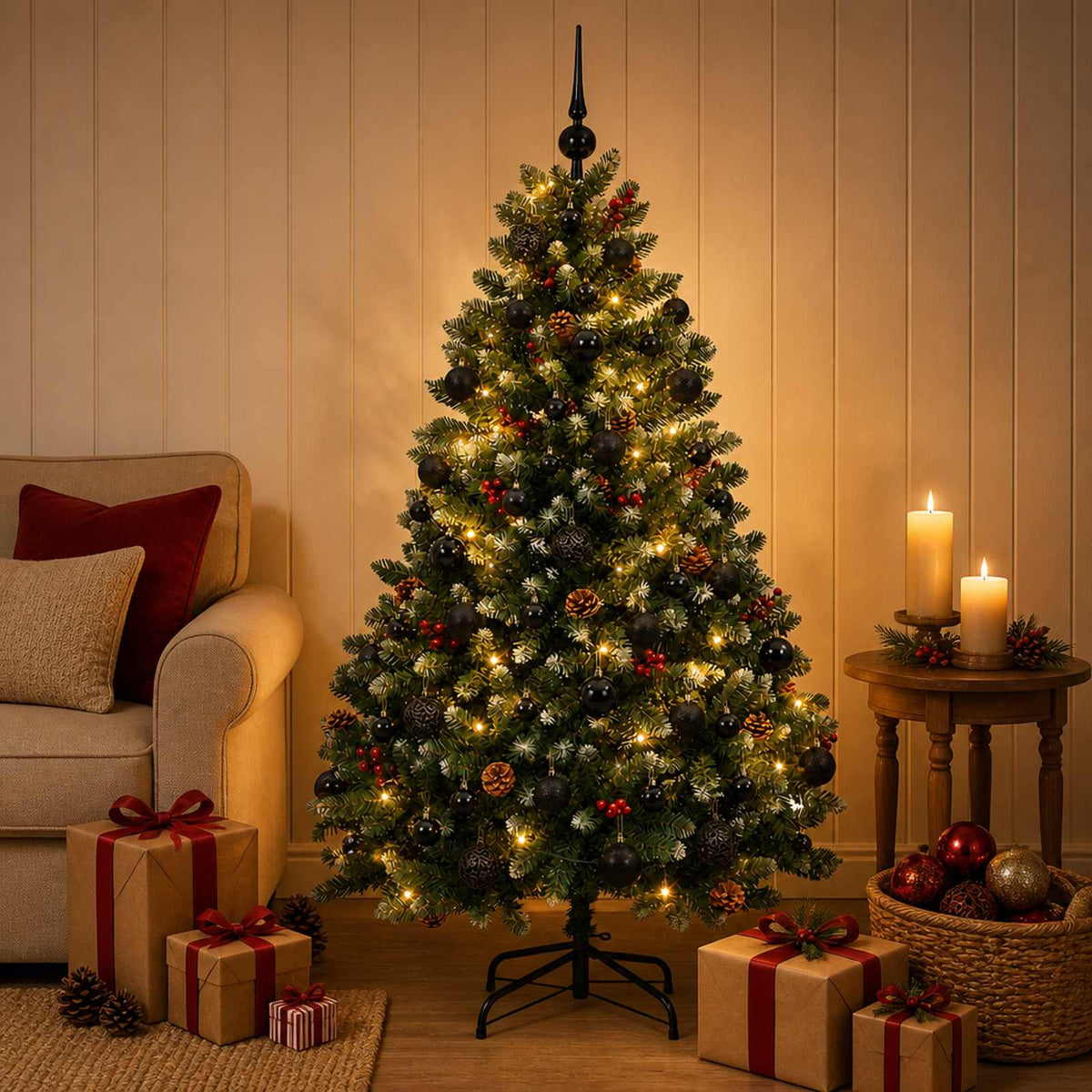 Vidaxl kunstkerstboom groen met kerstballen 150 cm 150 led's warmwit