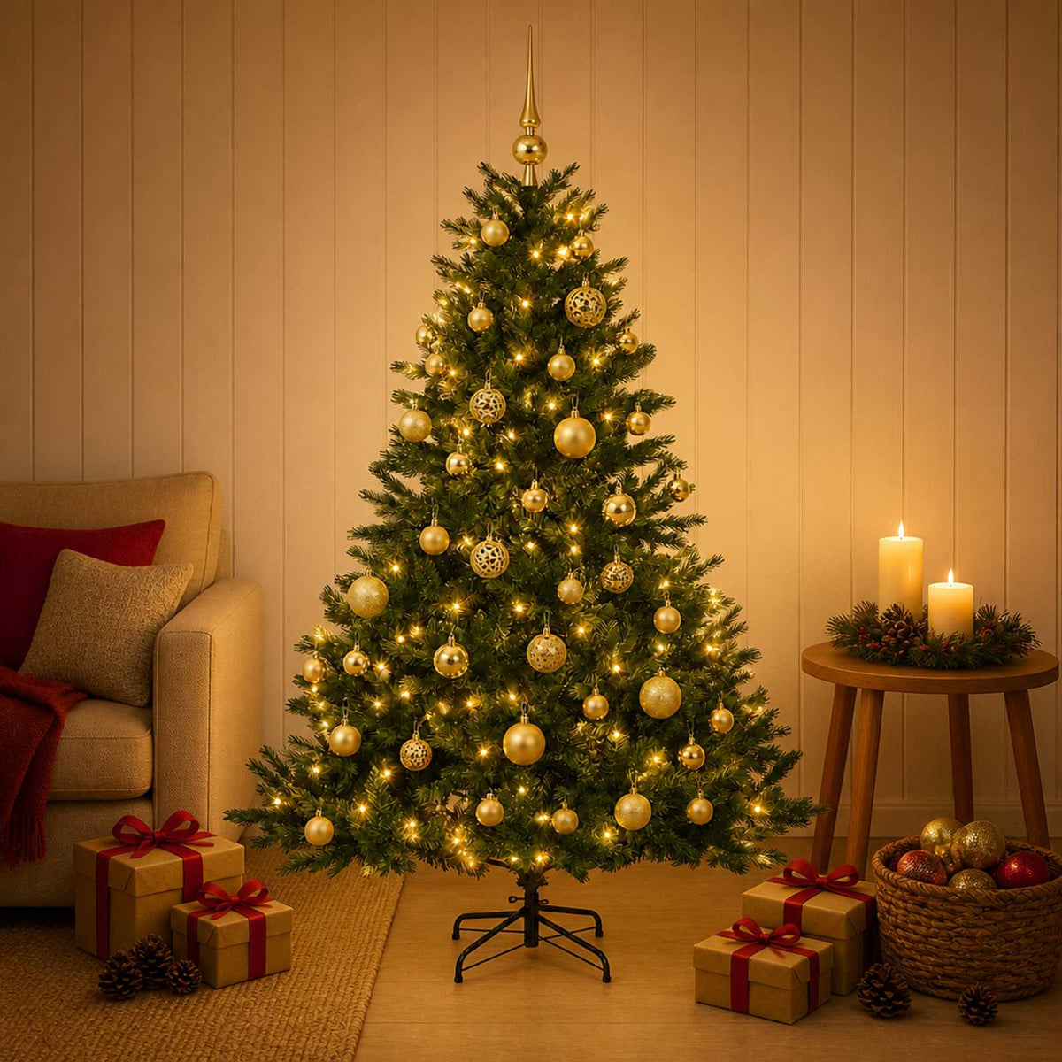 Vidaxl kunstkerstboom met kerstbal 120 cm 150 led's warmwit