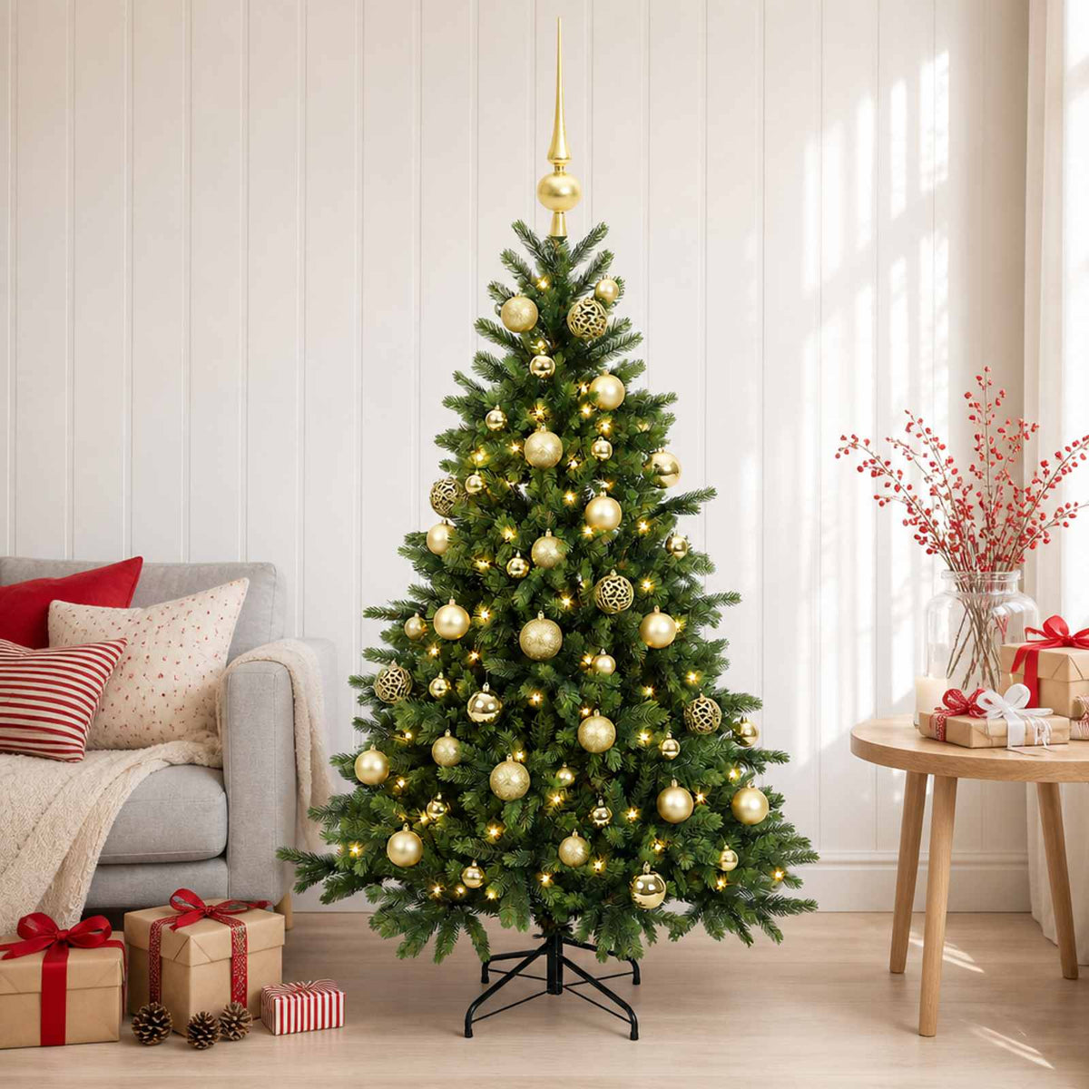 Vidaxl kunstkerstboom met kerstbal 150 cm 150 led's warmwit