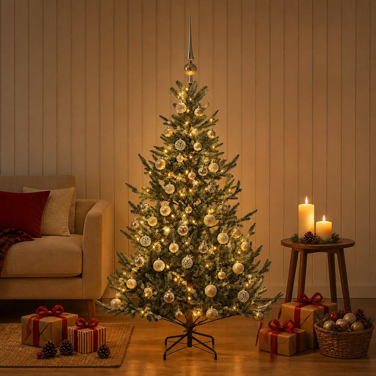 Vidaxl kunstkerstboom met kerstbal 120 cm 150 led's warmwit