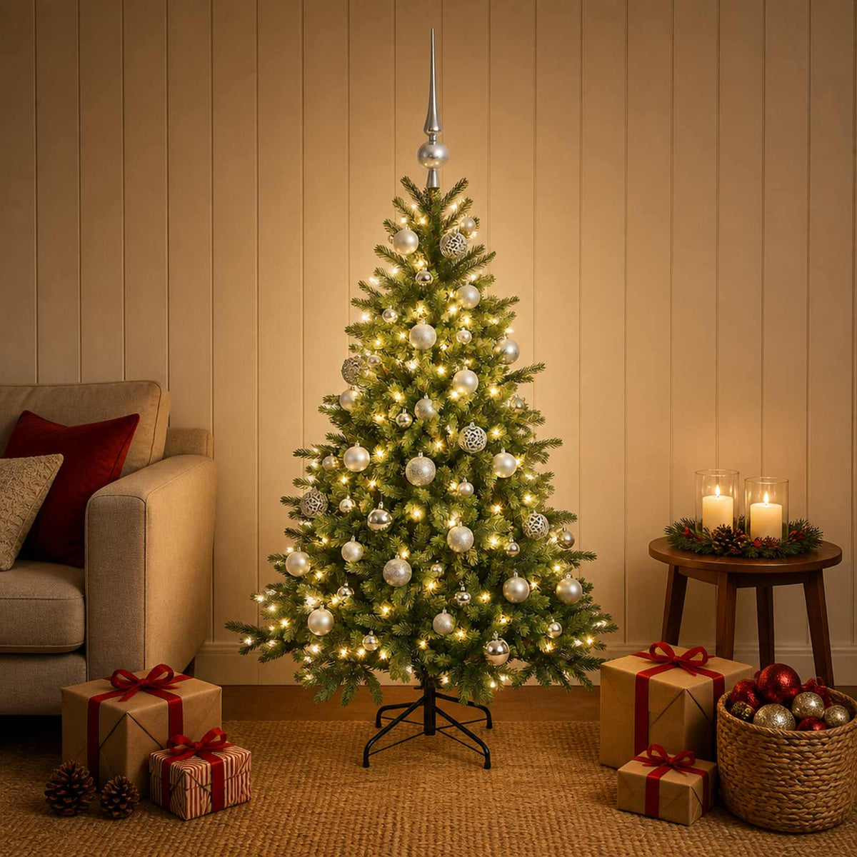 Vidaxl kunstkerstboom met kerstbal 150 cm 150 led's warmwit