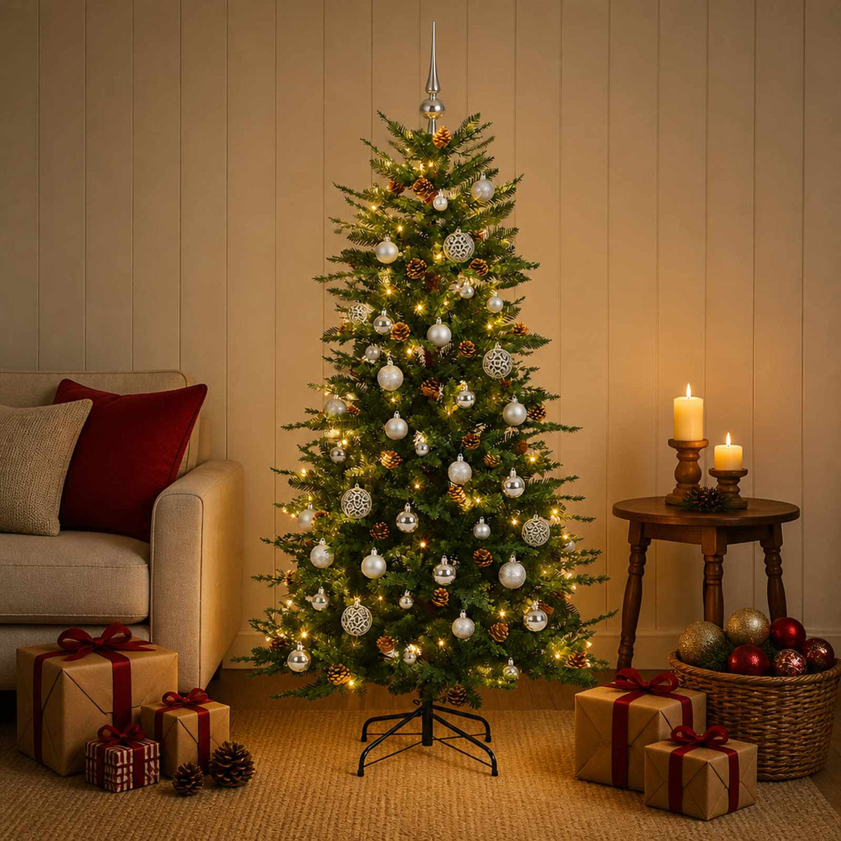 Vidaxl kunstkerstboom met kerstbal 150 cm 150 led's warmwit pe pvc