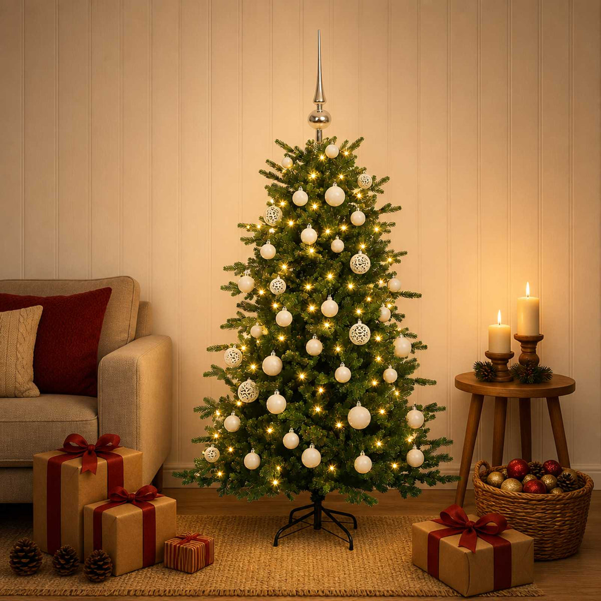 Vidaxl kunstkerstboom met kerstbal 120 cm 150 led's warmwit