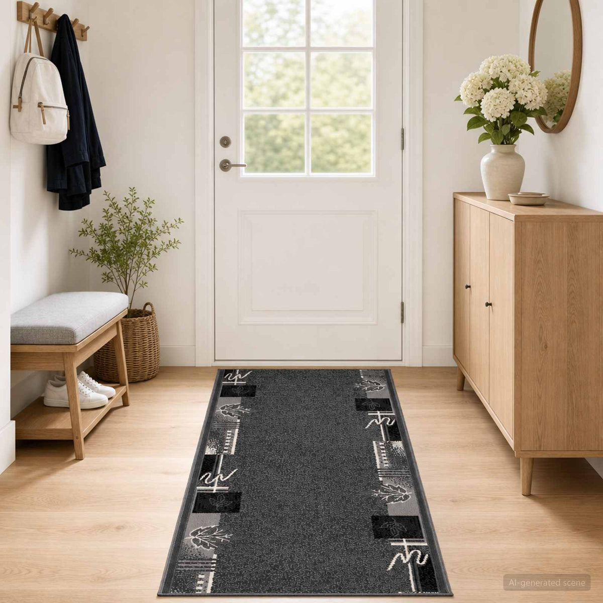 Vidaxl tapijtloper flornes geweven grijs bladeren 67 x 400 cm pp 7 mm