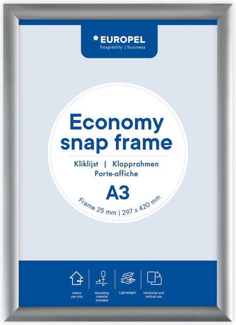 Europel Economy Klickrahmen – Posterrahmen – A3 – 42 x 29,7 cm – 25 mm – Aluminium – Silber