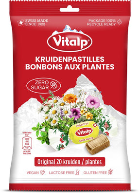 Vitalp – Halspastillen – Original mit 20 Kräutern zuckerfrei – vegan – 16 Beutel – 75 Gramm