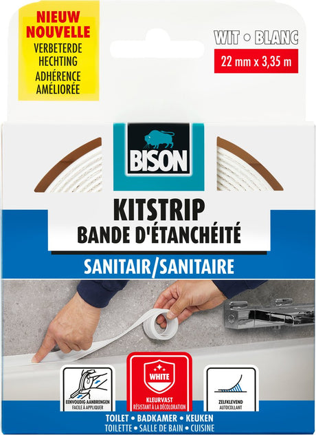 Bison Dichtband Sanitär weiß 22 mm x 3,35 m, selbstklebend, Dichtband, wasserfest, für Fugen aller Art, Duschwanne, Arbeitsplatte, Waschbecken, Boden und Fliesen