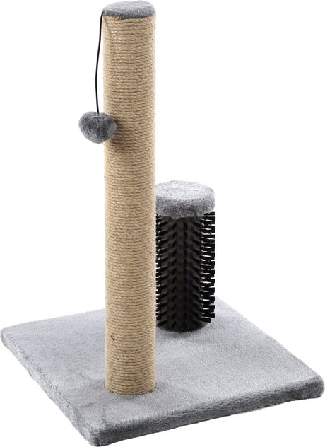 Flamingo-Kratzbaum – Fico-Grau – 39 x 39 x 60,5 cm – Kratzbaum mit Bürstenspielzeug – Katzenmöbel mit Jute-Kratzseil-Plüschbezug – kompakter Kratzbaum für Katzen aller Größen