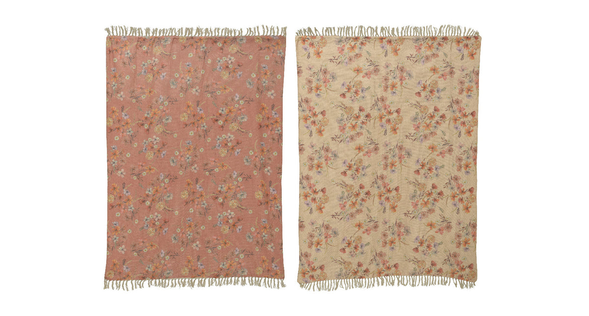 Throw polyester cotton dried flowers with tassels 2col ass 130x170cm