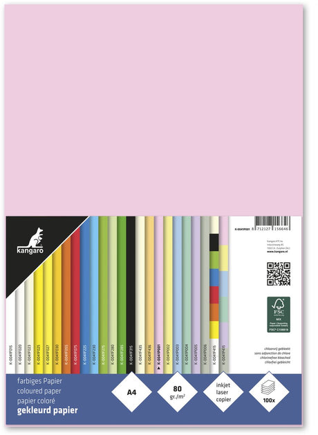 Känguru-Farbpapier – Größe A4 – 80 Gramm – Pastellrosa – Packung mit 100 Blatt