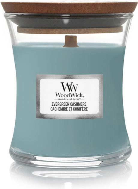 Woodwick geurkaars mini candle - evergreen cashmere - 20 branduren - 85gr - 8 cm ø 7 cm