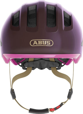 Abus Kinderhelm Smiley 3.0 Ace LED – Fahrradhelm mit Licht – tiefe Passform, Platz für einen Zopf – für Mädchen und Jungen – glänzendes Lila, Größe S