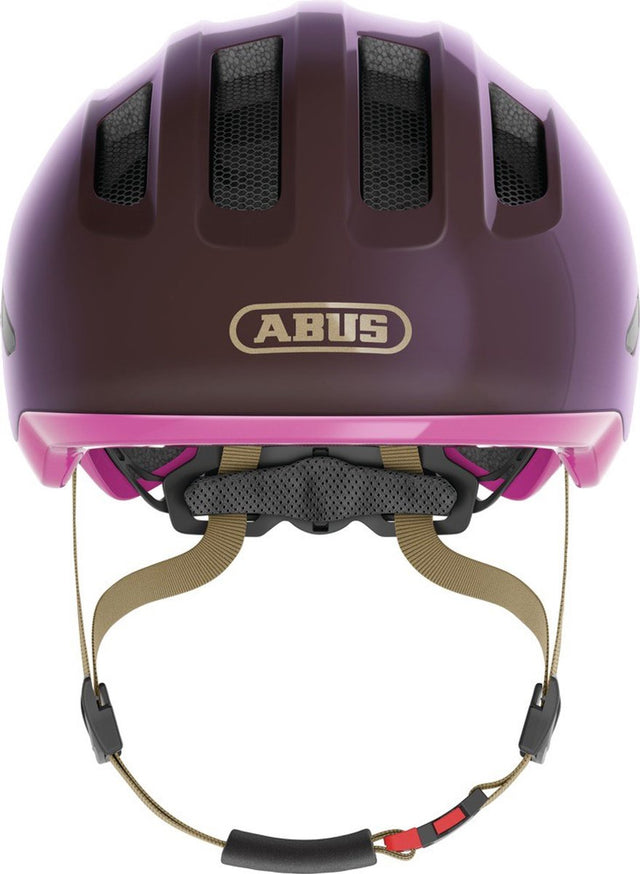 Abus Kinderhelm Smiley 3.0 Ace LED – Fahrradhelm mit Licht – tiefe Passform, Platz für einen Zopf – für Mädchen und Jungen – glänzendes Lila, Größe S