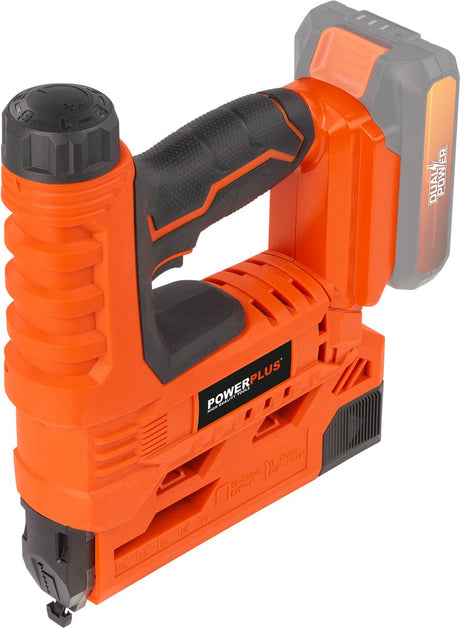 Powerplus Dual-Power-Akku-Heft- und Nagelpistole POWDP7010 – 20 V und 30 Min. - ohne Akku und Ladegerät - mit Koffer und 200 Zubehörteilen.