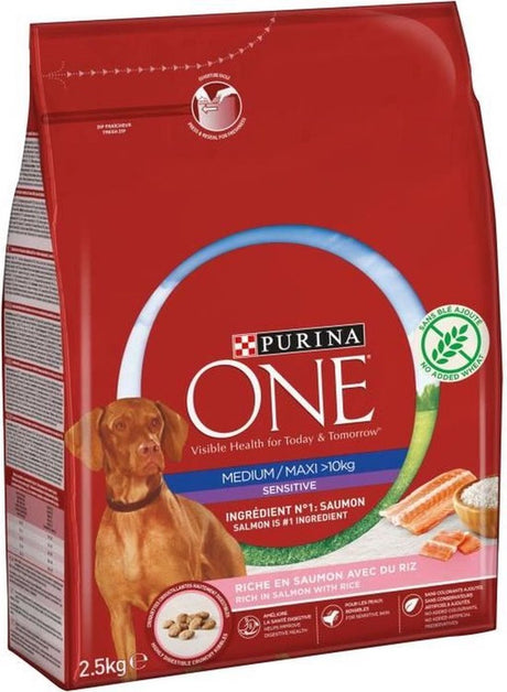 Purina One Lachs- und Reisstücke Medium Maxi > 10 kg – für empfindliche mittelgroße und große ausgewachsene Hunde – 2,5 kg